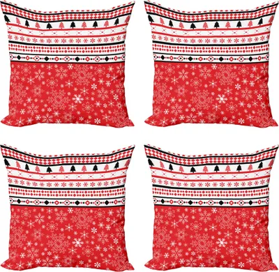 Produktbild von ABAKUHAUS Weihnachten Kissenbezug Set (4 Stück), geometrische Schneeflocken, Moderner Doppelseitiger Digitaldruck, 45 cm x 45 cm, rot-Weiss