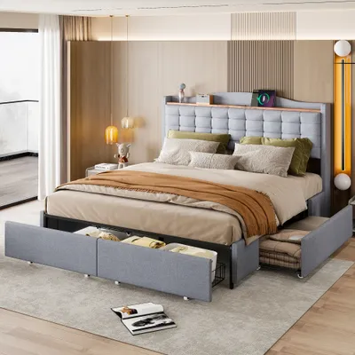 Produktbild von Polsterbett 160x200cm mit USB-Ladeanschluss, Jugendbett Doppelbett mit 4 Schubladen, Stauraumbett Massivholzbett mit LED und Lattenrost, Leinen, Grau