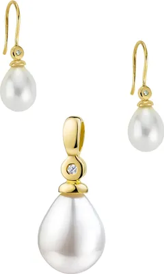 Produktbild von Perlen Schmuckset Goldanhänger + Ohrhänger 333 Gold + Brillant