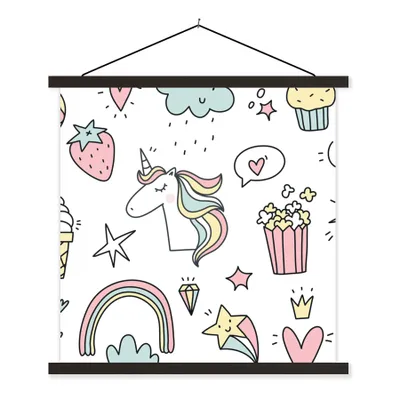 Produktbild von MuchoWow® Textilposter Schnittmuster - Einhorn - Kinder - Mädchen - Regenbogen - Pastell 120x120 cm mit schwarzem Rahmen - Aufhängungsset