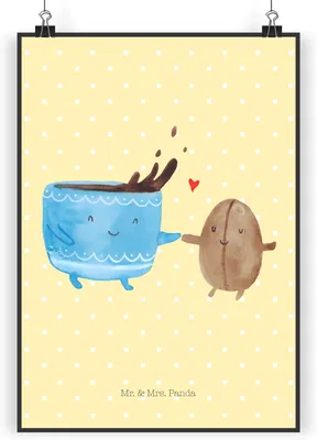 Produktbild von Mr. & Mrs. Panda Bild Kaffee Bohne DIN A3 - Gelb Pastell - Geschenk, drucke, wanddeko, Kunstdruck, Lustige Sprüche, Genuss, Glück, Zufriedenheit, Wandbild, Plakat