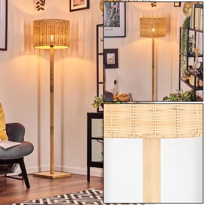 Produktbild von Dello Stehlampe mit Holzfuß und Schirm aus Rattan