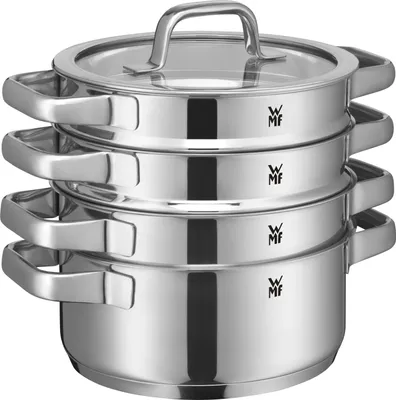 A stack of four stainless steel pots with glass lids and handles, presented against a white background.