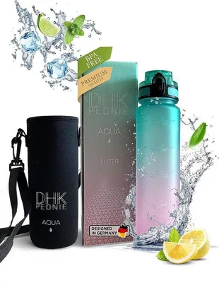 Image de Bouteille d'eau Famanu, 1 litre - Sans BPA, avec filtre et sac de transport, en rose/vert