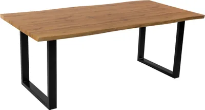 Produktbild von 5 TLG. Essgruppe Josy | Esstisch mit 6 Stühlen | 160x85 cm mit Baumkante | Holz Wildeiche-Optik | 40 mm Platte | U-Gestell Schwarz | 6X Schalenstuhl Weiß + Buche-Gestell