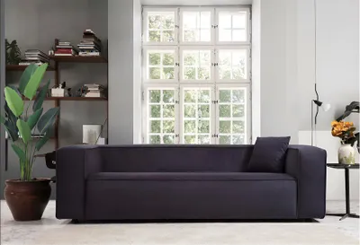 Zdjęcie produktu dla Niebieska, trójmiejscowa sofa tapicerowana. Elegancka sofa trójmiejscowa