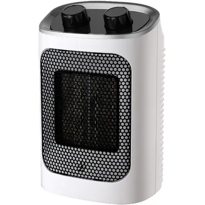 A white ceramic heater with a black mesh front and two black control knobs on top, shown against a white background.