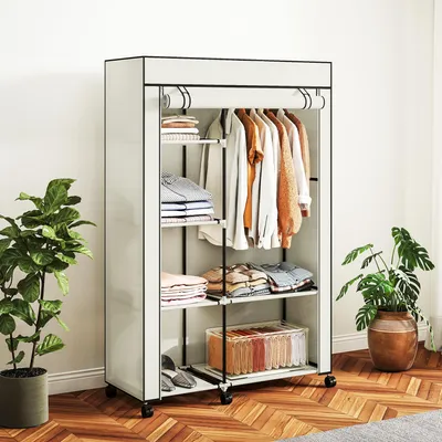 Produktbild von Sweiko Schrank aus Stoff, Aufbewahrungslösung, 6 Regale, 1 Kleiderstange, Creme
