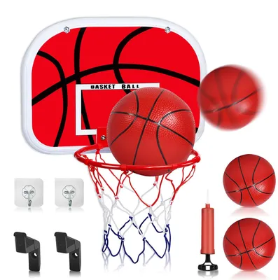 Imagen del producto de Mini cesta de baloncesto para interiores, con 2 pelotas y bomba para inflar, para montaje en pared, juego de baloncesto para niños