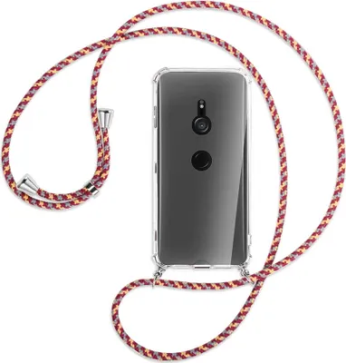 Produktbild von Handykette Backcover-Schutzhülle mit Band (Metall silberfarben) für Sony Xperia XZ3 - weinrot/gelb/grau