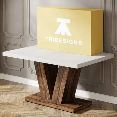 Produktbild von Tribesigns Esstisch für 4 Personen, weißer Küchen-Esstisch mit robustem Sockel, Bauernhaus-Esstisch aus Holz für Zuhause, Esszimmer, kleiner Raum