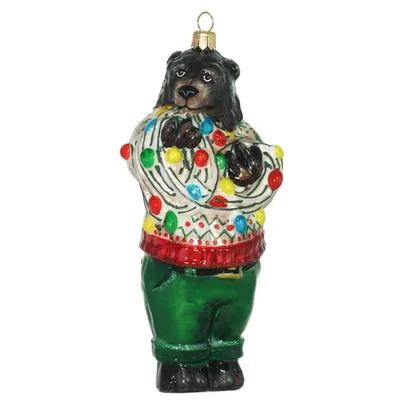 Produktbild von Glas Christbaumschmuck mundgeblasen handbemalt in Europa Bär mit Weihnachtsschmuck