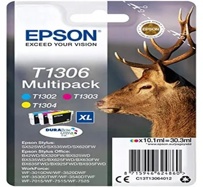 Produktbild von Epson Stag T1306 Hirsch DURABrite Ultra Multipack 3 Farben Tinte, High (L) Yield, Cyan, Magenta, Gelb, Tinte auf Pigmentbasis, 10,1 ml, 1 Stück(e), Multipack