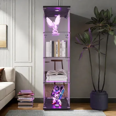 Produktbild von Vitrine aus Glas - Standvitrine - 4 Böden - Kunststoffrahmen - Freistehend - Für Sammlerstücke - Modern-minimalistisch - Weiß