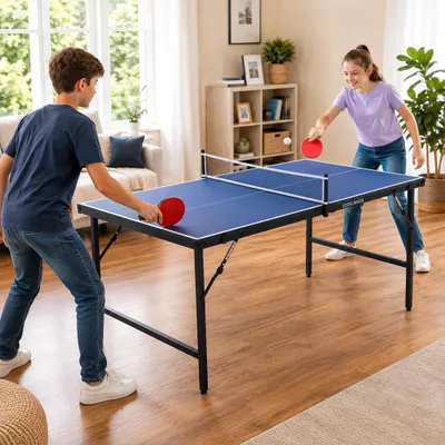 Produktbild von Theo&Cleo Mini Tischtennisplatte klappbar 70,5 cm, mit 2 Ballhaltern, Netz, 2 Schlägern und 5 Bällen, Indoor & Outdoor
