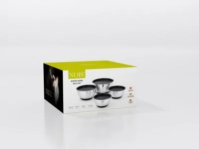 Produktbild von Edelstahl Schüsselset 4-teilig mit Silikonboden, Messskala und Deckeln, stapelbar