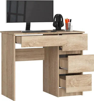 Image de BDW Bureau de bureau avec 4 tiroirs, table de jeu, chêne Sonoma droite