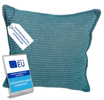 Produktbild von Pillows24 – Dekokissen 40x40 aus Cord | Weiches Zierkissen & Sofa Kissen | Deko Kissen 40x40 für Palettenkissen in Wohnzimmer & Balkon | Sofakissen  EU | Türkis