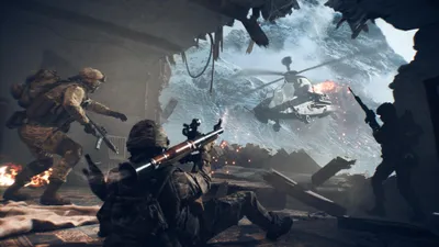 Soldiers in a war-torn environment with a helicopter in the background.