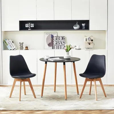 Image de Ensemble de salle à manger comprenant une table et 2 chaises, en MDF, finition noire imitation bois de hêtre, dimensions : 80x80 cm