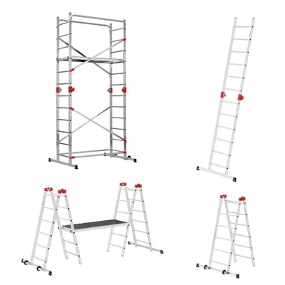 Produktbild von Hailo G60 Alu Multifunktionsgerüst - 2 x 12 Sprossen belastbar bis 150 kg/m2 - Plattform mit Durchstiegsluke - fahrbares Alu Gerüst - verwendbar als Anlegeleiter, Doppelleiter, Baugerüst - Silber