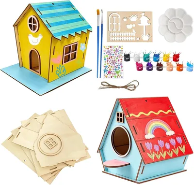 Immagine prodotto di Kit per costruire 2 casette per uccelli per bambini, kit creativo in legno fai-da-te, casette da dipingere, inclusi 12 colori e 2 pennelli