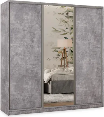 Produktbild von Masseno Schiebetürenschrank TARI 180/205/58 cm Kleiderschrank mit 4 Schubladen Schlafzimmer Schrank 3-türig mit Spiegel Titanfarben
