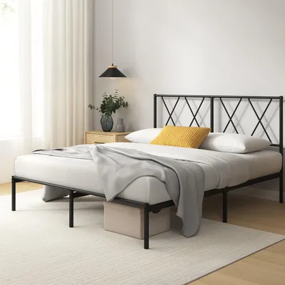 Bettgestell 135x190 cm, Metall-Kopfteil, schwarz, 30 cm Höhe, Lattenrost