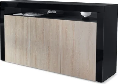 Produktbild von Vladon Sideboard Valencia, Germany, Kommode mit 3 Türen und 1 offenem Fach, Schwarz matt/Eiche sägerau/Schwarz Hochglanz (155 x 92 x 40 cm)