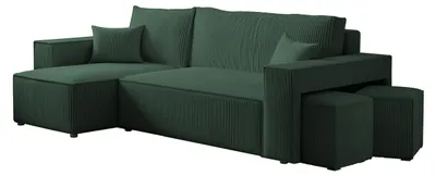 Zdjęcie produktu dla HuskyMeble Narożnik PABLO L z Pufami Butelkowa zieleń Poso 14, Funkcja Spania, Pojemnik na Pościel, 262x145 cm