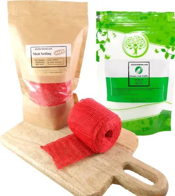 Produktbild von Rot Fleischnetz 150mm / 10mts + Pökelsalz 0.6% 100g - Schinkennetz, Räuchernetz, Nitritsalz