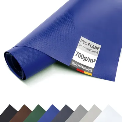 A rolled-up blue PVC tarp is shown diagonally across a white background, with a label indicating its specifications.