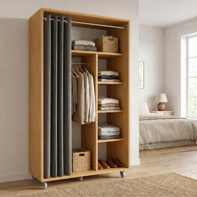 Produktbild von VCM Kleiderschrank auf Rollen H. 175 x B. 101 x T. 51 cm mit Kleiderstangen, Regalfächern & Vorhang, mobiler Garderobenschrank - Ostila