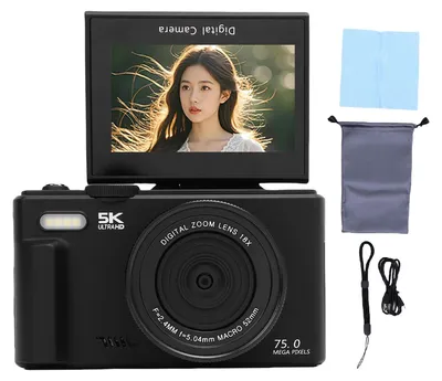 Obrázek produktu pro 5K 75MP digitální kamera UHD AF automatické ostření 18x zoom WiFi webkamera s 3" 180° výklopným displejem a bleskem pro natáčení vlogů na cestách Černá 64GB paměťová karta