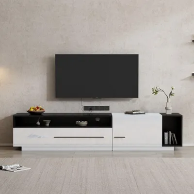 Image de Meuble TV moderne - Blanc - Avec un motif unique - 170x38x42 cm - Pour téléviseurs jusqu'à 80 pouces - Deux portes