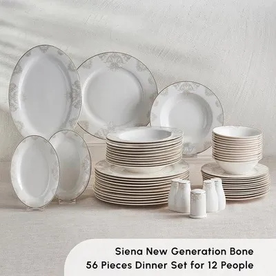 Image de Set de vaisselle 56 pièces, service de table pour 12 personnes, rond, vaisselle combinée, vaisselle en porcelaine blanche, assiettes à soupe avec assiettes plates