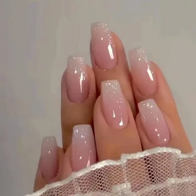 Productafbeelding van Kunstnagels om op te plakken, 24 stuks, French Coffin Ballerina stijl, lang, perzikroze, glanzend