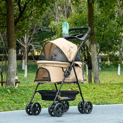 Produktbild von Hundebuggy klappbar mit 2 Sicherheitsleinen & Doppelräder, Hundewagen, 360°-Vorderräder, Khaki | 67 x 45 x 96 cm | 5 kg | Stahl & Oxfordstoff