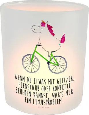 Produktbild von Mr. & Mrs. Panda Windlicht aus Glas Einhorn Radfahrer - Transparent - Geschenk, Kerzenhalter, Bike, Unicorn, Kerzenglas, Liebeskummer, Radfahren, Einhörner