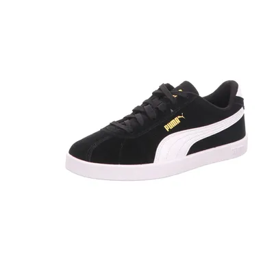 A single black Puma sneaker with white accents and gold branding is shown against a white background.