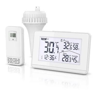 Image de Thermomètre sans fil BEARWARE pour piscine, thermomètre flottant, thermomètre à eau avec station météo, portée jusqu'à 60 m, capteur extérieur, température de l'eau, humidité de l'air, température intérieure et extérieure