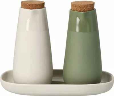 Produktbild von räder Design Menage für Essig und Öl aus Steinzeug und Kork, Beige/Grün, mit Tropfschale