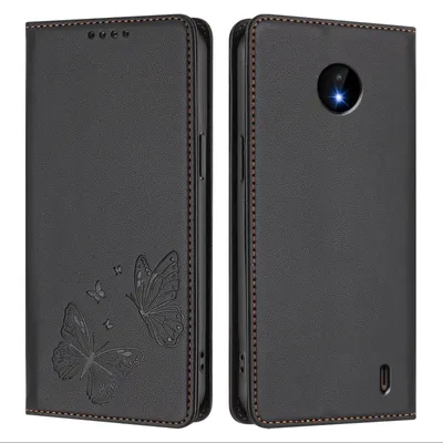 Image de Étui en cuir pour Nokia C10 / Nokia C20, motif papillon, étui à rabat avec porte-appareil, noir