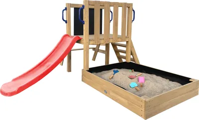 Produktbild von AXI Leah Mini Spielturm aus Holz in Braun mit roter Rutsche | Kleiner Spielturm für Kinder mit Sandkasten, Picknicktisch und Kreidetafel | Spielgerät