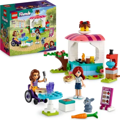 A LEGO Friends pancake shop playset is shown, including the product box and assembled toy.