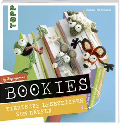 A book cover showing crocheted animal bookmarks on books.