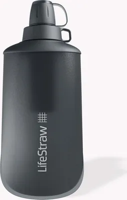 A dark gray squeeze bottle with a black cap and a small loop on the cap.