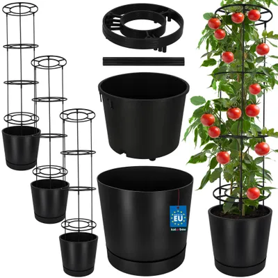 Obrázek produktu pro KOTARBAU® Sada 3 kusů květináčů pro rajčata, průměr 39 cm. Květináče s opěrnou konstrukcí pro popínavé rostliny. Konstrukce pro pěstování rajčat, výška 141 cm. Robustní a odolné, vyrobeno z plastu, barva antracit
