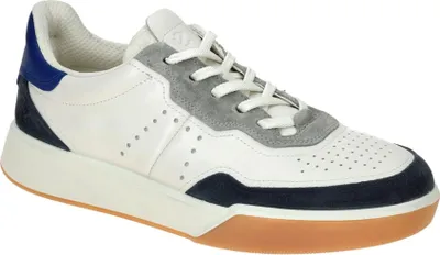 A single white sneaker with blue and gray accents is shown against a white background.