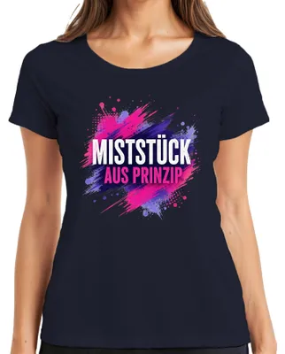 Obrázek produktu pro Tričko s potiskem "Miststück aus Prinzip" (což lze volně přeložit jako "hloupá/bláznivá ze principu"), vtipný dárek, dámské tričko s nápisem, sarkasmus, barva tmavě modrá, velikost M